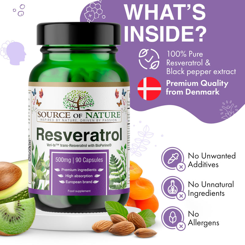 Trans-Resveratrol 500 mg | 90 Vegan Capsules | High Strength | 98% Purity | Naturally Fermented | with Piperine | Lab Tested | Premium Quality 90 count (Pack of 1)