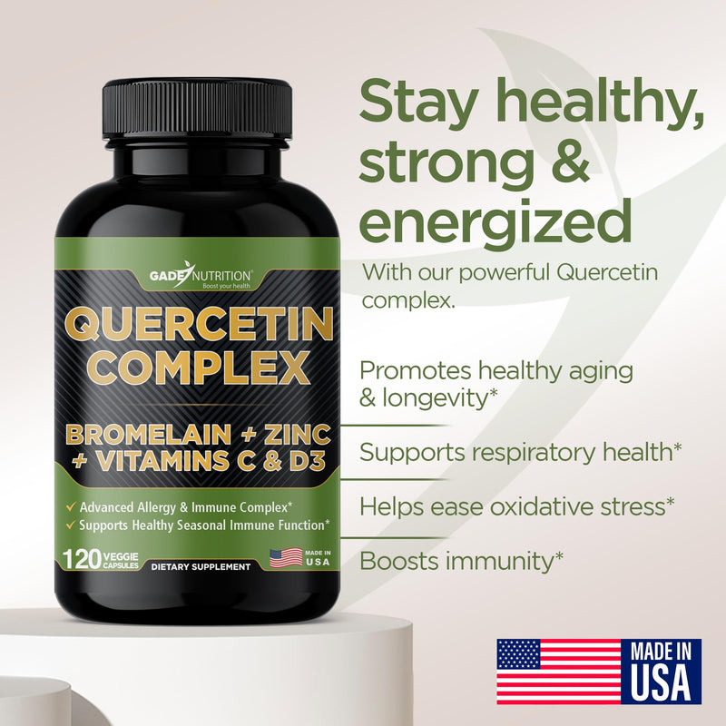 [Australia] - Gade Nutrition Organic Quercetin with Bromelain Vitamin C and Zinc | Immune Support Supplement Quercetin 500mg Capsules | Bioflavonoids Made in USA Third Party Tested 120 Count (Pack of 1) 