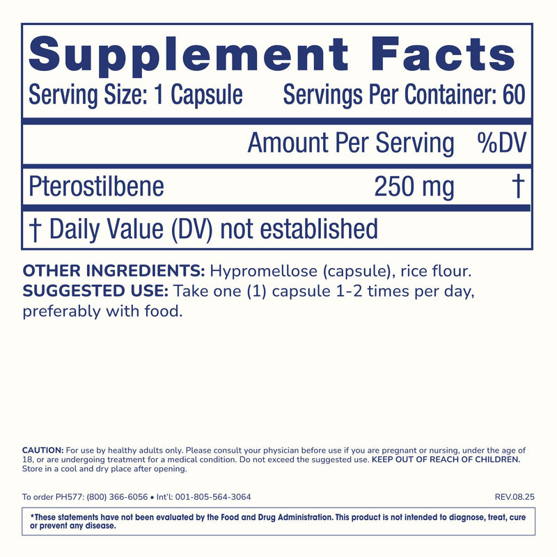 Pterostilbene Supplement (250mg, 60 Capsules) | Clinically Proven, Third-Party Tested Antioxidant for Heart & Brain Health | Activates Longevity Genes 60 Count (Pack of 1)