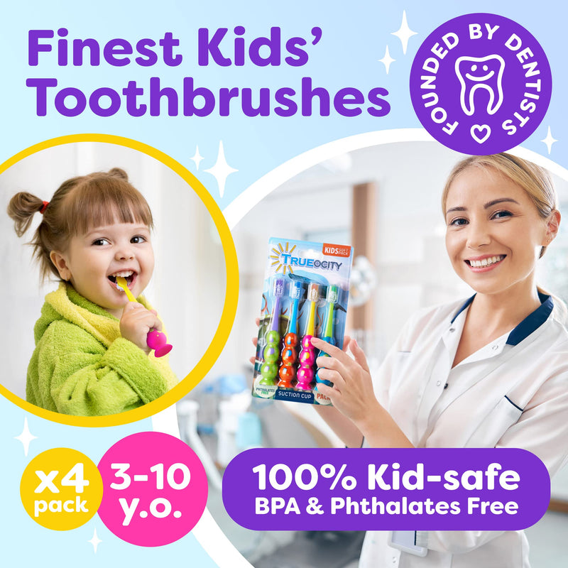 [Australia] - Kids Toothbrush 4 Pack - Soft Bristles with Suction Cup - Toothbrush Kids, Child Sized Brush Heads, 3-10 Year Old Kid Toothbrush with Easy Storage - Toddler, Girl and Boy Set (4-Pack, Multi-Color) 1 Count (Pack of 4) 