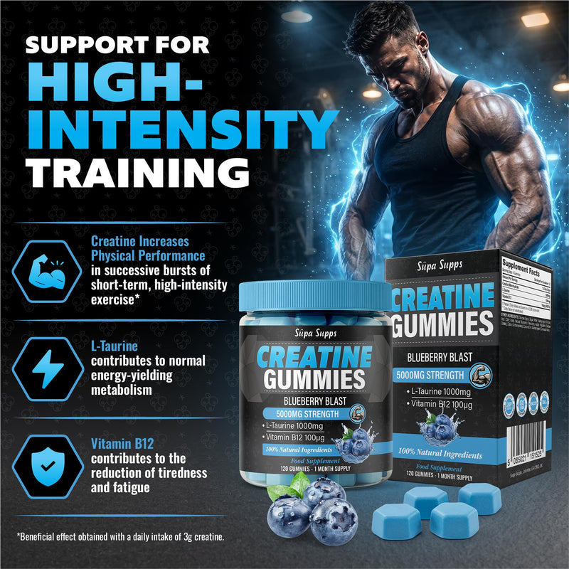 Creatine Gummies Blueberry Flavour, 5000mg Creatine Monohydrate Gummies + L Taurine and Vitamin B12, 120 Count, 30 Day Supply, Gym Training, Strength Performance & Daily Training Fuel for Weight Gain
