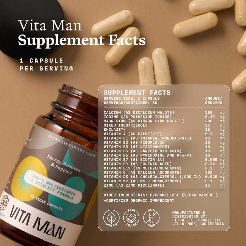 Ultra Life Sport - VITA Man Premium Men's Multivitamin - 30 Capsules | Daily Vitamins for Men with Vitamin E, K2 MK-7 & B Vitamins for Maximum Absorption, 100% Vegan, Organic, Non-GMO, Gluten Free