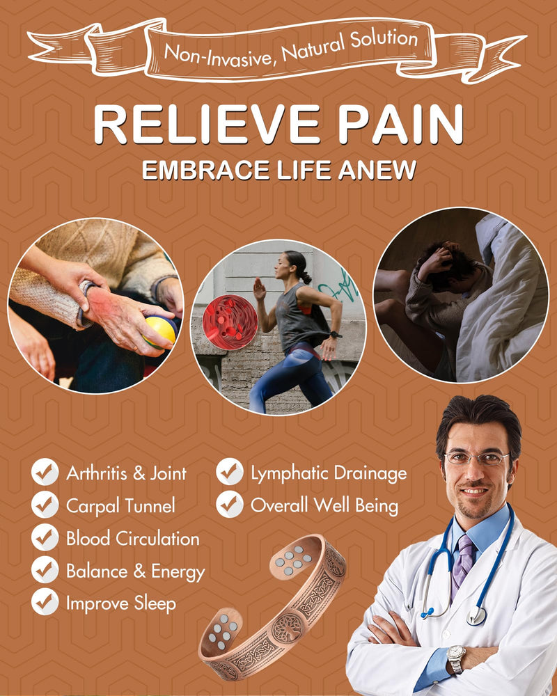 [Australia] - Feraco Copper Bracelet for Men Pain Relief, 18X Enhanced Strength Magnetic Bracelet with Neodymium Magnets, Pure Copper Jewelry Gift (Antique Life Tree) Antique Life Tree 