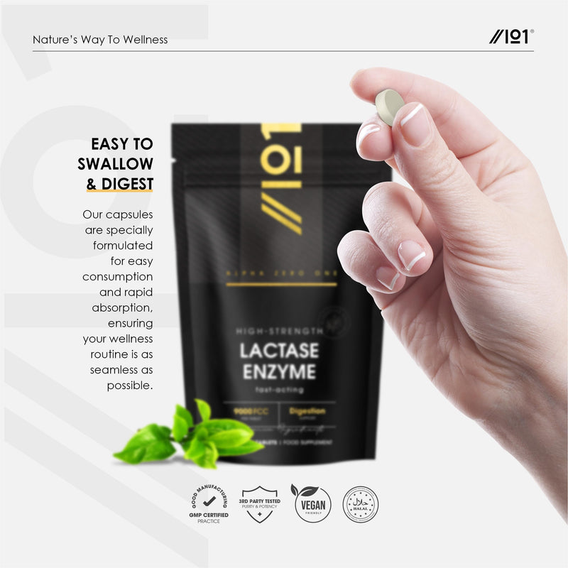 Lactase Tablets 9000 FCC (per Tablet) – 60 Count - Digestive Enzyme Helps Digest Lactose in Milk & Dairy – Support for Lactose Intolerance – by Alpha01