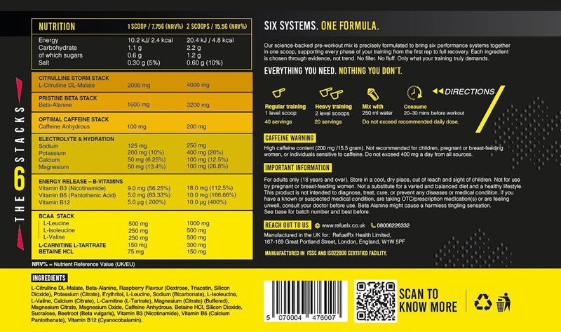 Six Stack Precision Pre Workout & Recovery – 4000mg Citrulline Malate, 3200mg Beta Alanine, 2000mg BCAA 2:1:1, 200mg Caffeine, 850mg Premium Electrolytes, B Vitamins, 40 Servings