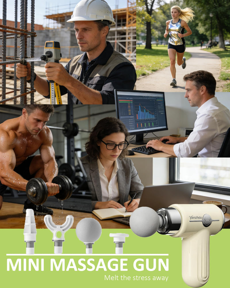 Mini Massage Gun Deep Tissue, Portable Handheld Massage Gun for Muscle Recovery, Quiet Percussion Massager with 9 Heads, Lightweight USB-C Rechargeable Massage Gun for Travel, Gym & Office Beige