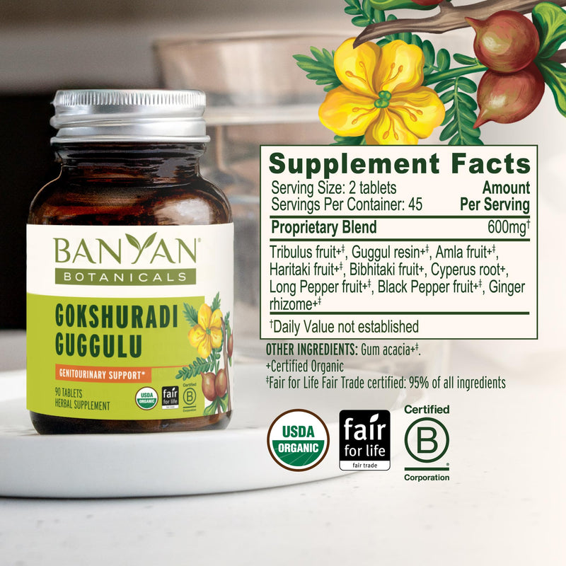 Banyan Botanicals Organic Gokshuradi Guggulu – Urinary Tract & Kidney Support Supplement – with Gokshura & Guggulu Resin for Systemic Cleansing & Vitality – 90 Tablets – USDA Organic