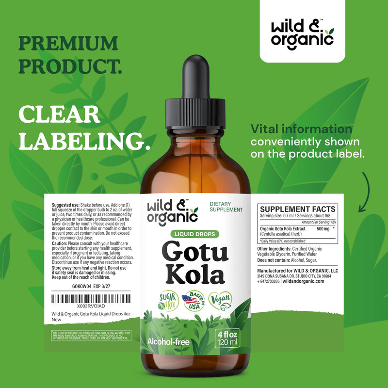 [Australia] - Wild & Organic Gotu Kola Extract Drops - Brain Support with Centella Asiatica Extract - Liquid Gotu Kola Supplement for Focus - Vegan, Sugar & Alcohol-Free Herb Tincture - 4 fl oz 4 Fl Oz (Pack of 1) 