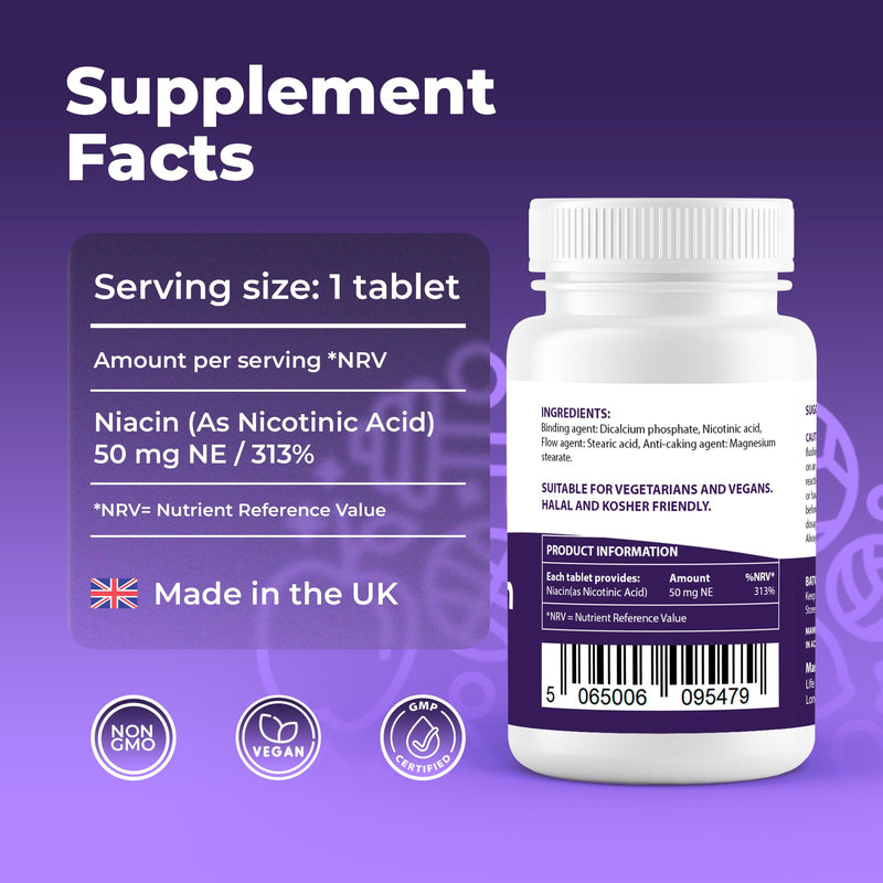 ErexOn Vitamin B3 | Niacin Supplement 50mg | 60 Vegan Tablets with Nicotinic Acid for Energy & Nervous System Health | UK Made