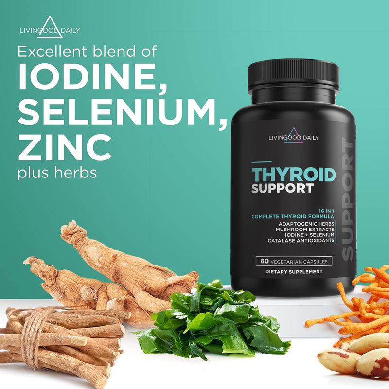 [Australia] - Livingood Daily Thyroid Support for Women & Men, 60 Vegetarian Capsules - Adaptogenic Herbs, Selenium & Iodine Supplement (from Kelp & Fronds) Support Metabolism, Hormone Balance, Mood, Thyroid Health 