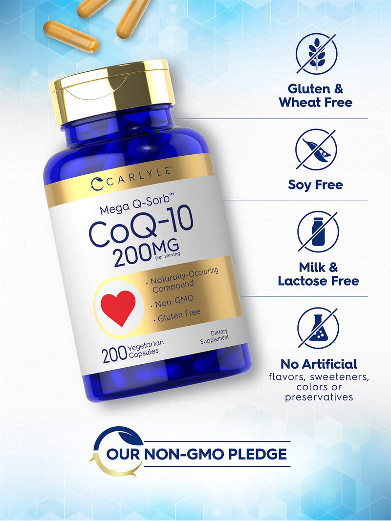 Carlyle CoQ10 200mg | 200 Capsules | Mega Q-Sorb Coenzyme Q-10 | Vegetarian, Non-GMO, Gluten Free