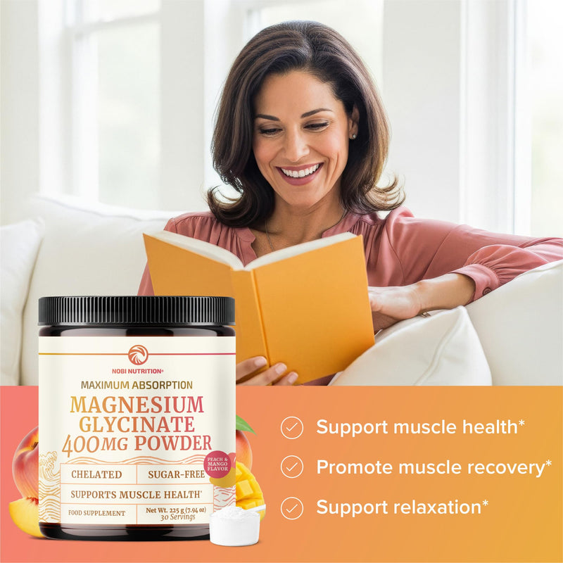 Magnesium Glycinate Powder 400MG | Muscle & Relaxation Support | Peach Mango Flavor Drink | High Absorption Chelated Magnesium Powder | Vegan, Gluten-Free, Non-GMO | 30 Servings | 225g (7.94oz)