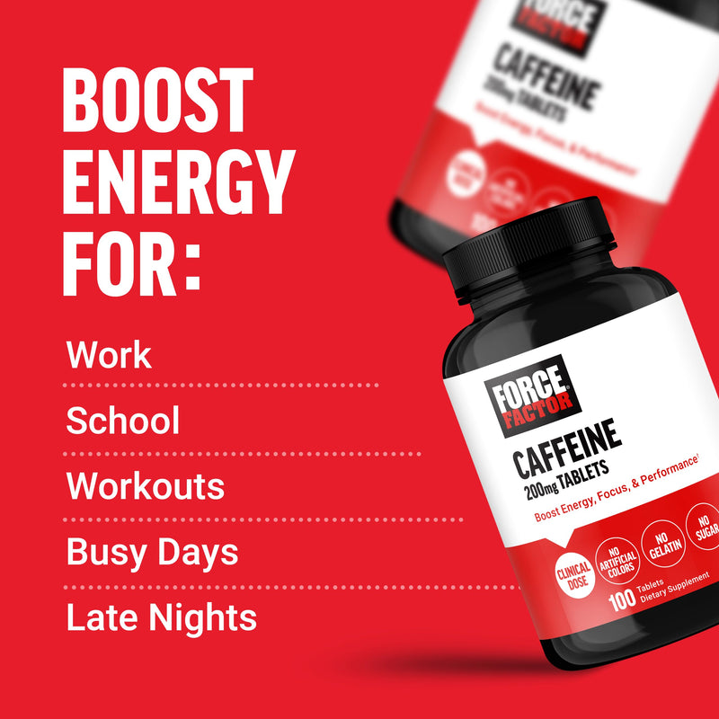 [Australia] - Force Factor Caffeine Pills 200mg, Caffeine Tablets to Boost Energy, Focus, Strength, and Performance, Premium Quality Caffeine Pills and Energy Supplement, 100 Tablets 