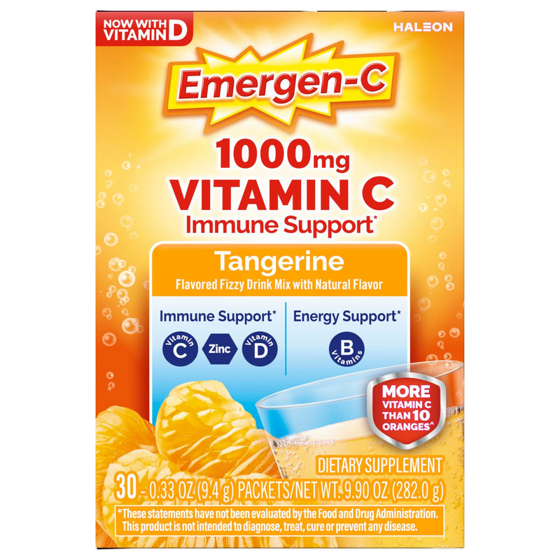 Emergen-C 1000mg Vitamin C Immune Support Powder, Tangerine, 30 ct | B Vitamins for Energy, Zinc and Manganese, Vitamin D, Electrolytes, Natural Flavor, Dissolves Quick 9.9 Ounce (Pack of 1)