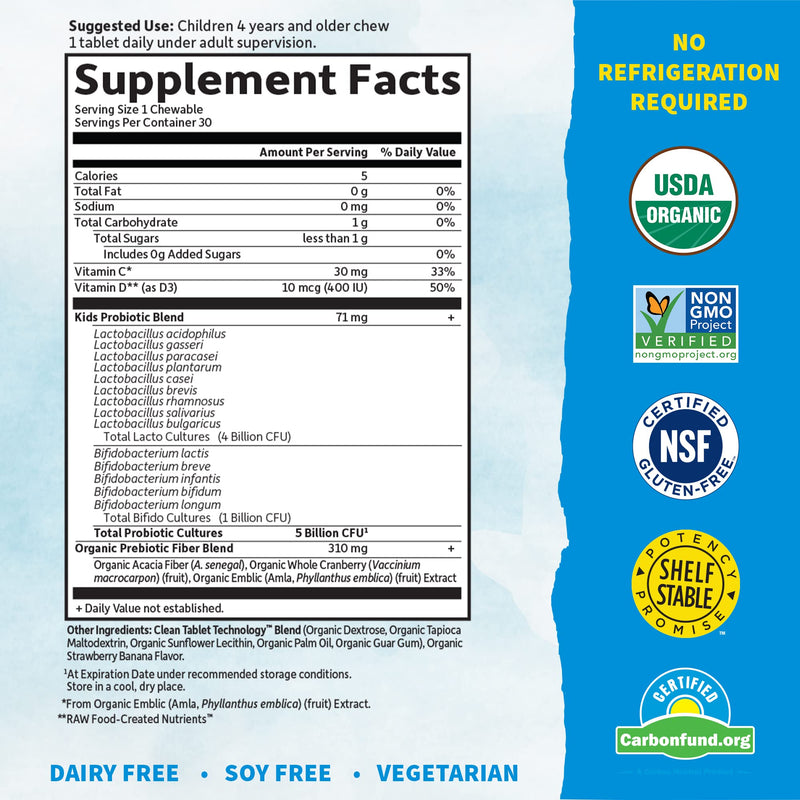 [Australia] - Garden of Life Dr. Formulated Probiotics Organic Kids+ plus Vitamin C & D, Strawberry Banana, Gluten Dairy & Soy Free Immune & Digestive Health Supplement, No Added Sugar, 30 Chewables (Shelf Stable) 