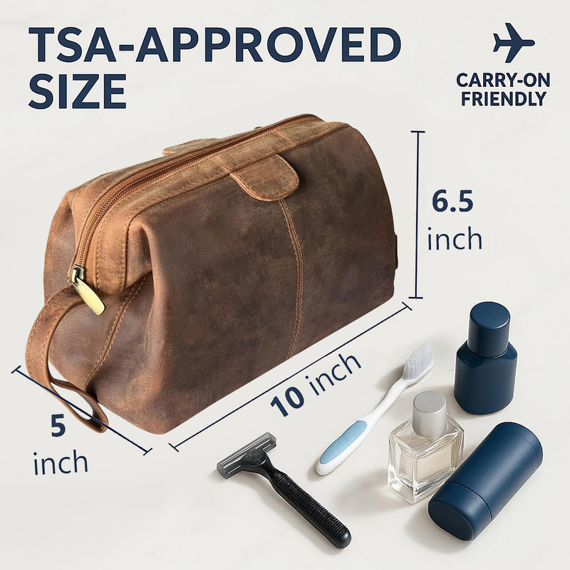 Leather Toiletry Bag for Men - Full Grain Travel Dopp Kit & Shaving Bag | Single Compartment, Back Zip Pocket, Waterproof Lining; Shaving & Cologne Organizer; TSA Carry-On; Gift for Men & Women Brown (Without Bottom Compartment)