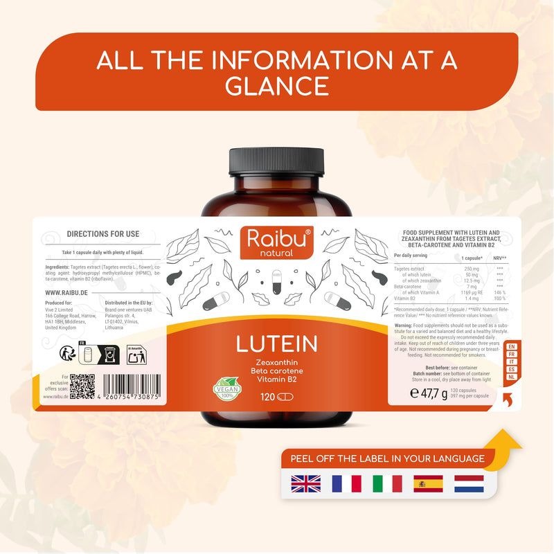 Lutein and Zeaxanthin Supplement - 4 Month Supply - 50mg Lutein with 12.5mg Zeaxanthin, Eye Vitamins A & B2 - Vegan Eye Support Formula - 120 Capsules, 1 Capsule Daily