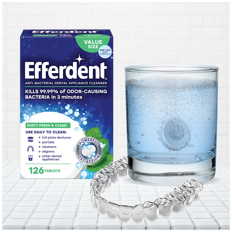 [Australia] - Efferdent Retainer Cleaning Tablets, Denture Cleaning Tablets for Dental Appliances, Minty Fresh & Clean, 126 Count 126 Count (Pack of 1) Denture Cleanser Tablets 