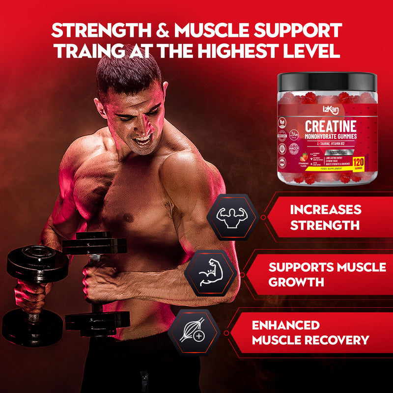 Creatine Gummies 5000mg (5G) for Men & Women - 120 Chewable Creatine Monohydrate Gummies Strawberry Flavoured | Pre Workout Gym Supplement| Muscle Boost| 4 Per Day - Vegan & Halal (1X) 1x 120 count (Pack of 1)