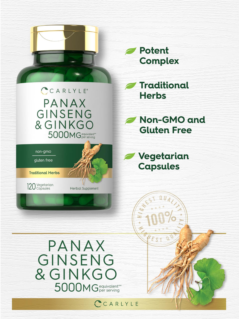 Carlyle Panax Ginseng + Ginkgo Biloba | 120 Vegetarian Capsules | 5,000mg | Vegetarian, Non-GMO, and Gluten Free Supplement