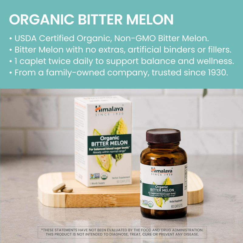 [Australia] - Himalaya Organic Bitter Melon - Herbal Glucose Metabolism Support - USDA Organic, Non-GMO, Vegan, Gluten Free, Additive Free, 660 mg, 60 Caplets 60 Count (Pack of 1) 