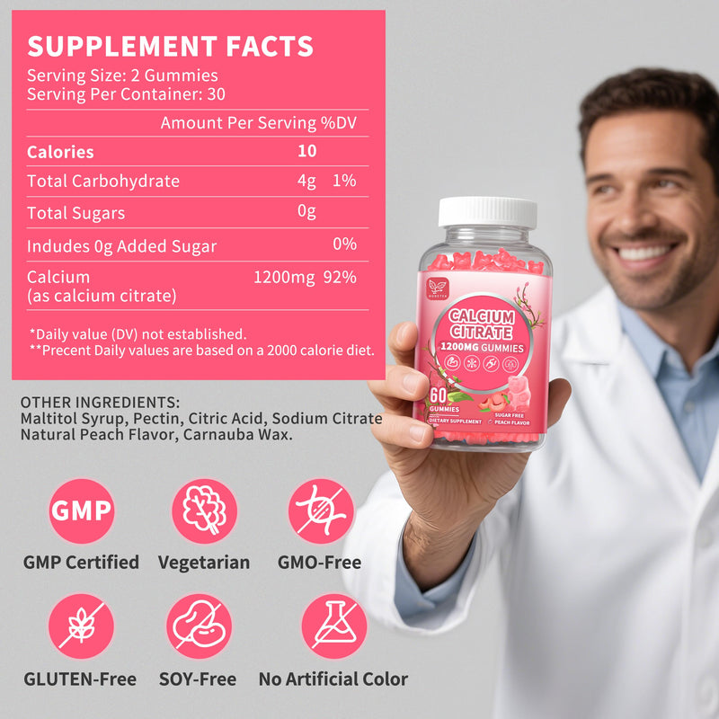 (2 Pack) Pure Calcium Citrate Gummies 1200 mg for Women & Men,Calcium Citrate Supplements,High Absorption for Bone Muscle Healthy - Easy to Digest, Sugar Free,Vegan,Peach Flavor,60 Day Supply 60 Count (Pack of 2)