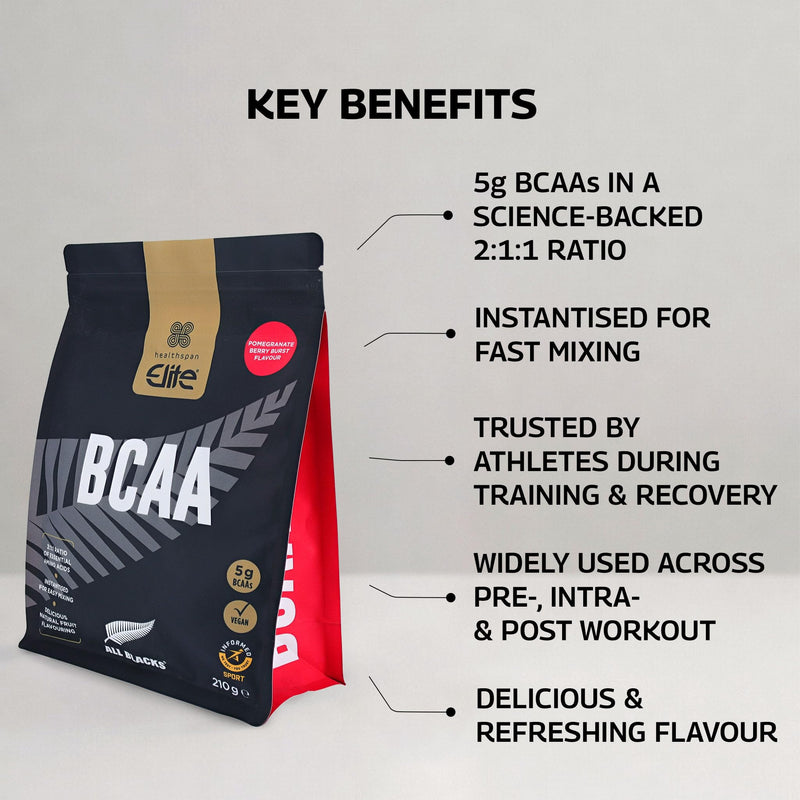 Healthspan Elite All Blacks BCAAs | Pomegranate Berry Burst Flavour | 5g BCAAs for Post-Workout Recovery| 2:1:1 Ratio Backed by Science | L-Leucine, L-Isoleucine, and L-Valine