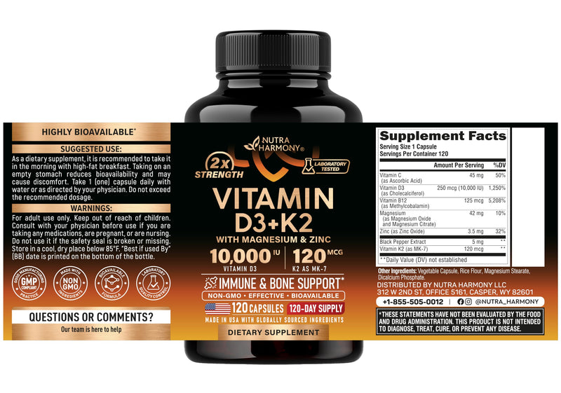 Vitamin D3 K2 - Vitamin D3 10000 iu & K2 as MK-7 120 mcg Complex - 120 Caps | D3 K2 + Magnesium, Zinc & Vitamin C & B12- Immune & Mood Support, Bone & Teeth Health - for Men & Women - Highly Bioavailable 120 Count (Pack of 1)