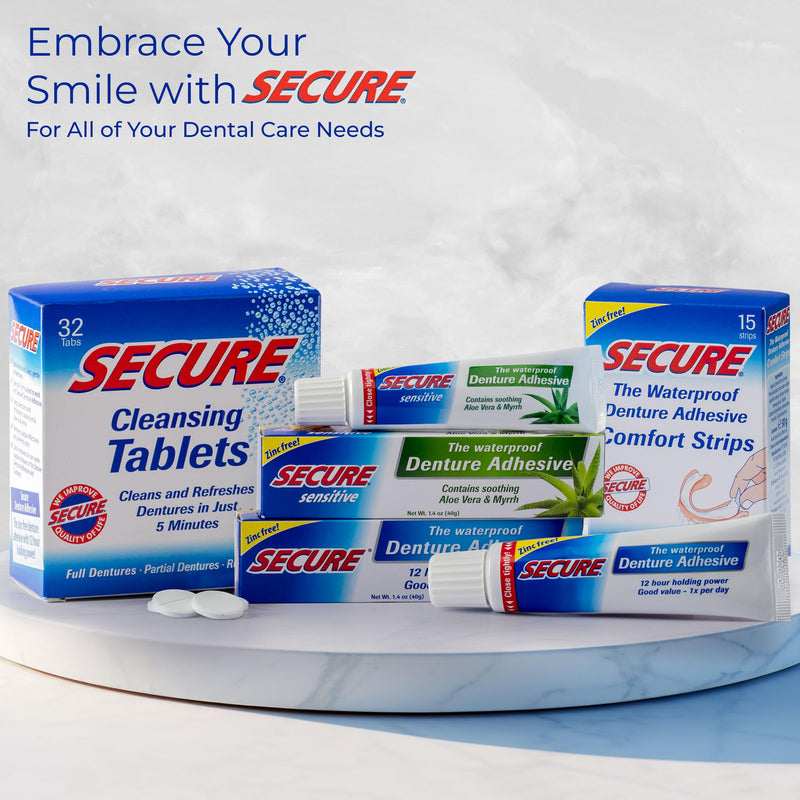 [Australia] - Secure Waterproof Denture Adhesive - Zinc Free - Extra Strong Hold For Upper, Lower or Partials - 1.4 oz (Pack of 5) 