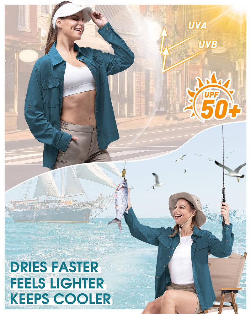 33,000ft Women's UPF 50 UV Sun Protection Shirt, Cool Quick Dry Long Sleeve Outdoor Fishing Hiking Safari Travel Shirt XX-Large Dark Blue