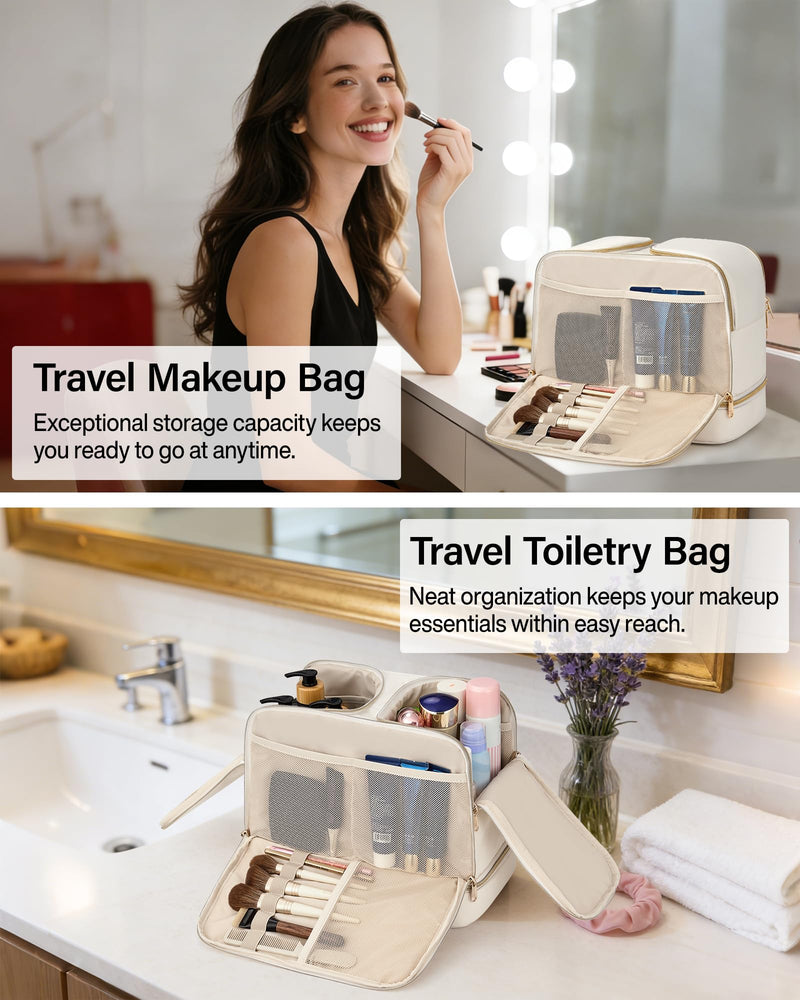 Hanke Travel Toiletry Bag, Lightweight Wide-open Large Toiletry Bags for Women, Dual-Layer Makeup Bag Water-Resistant Cosmetic Travel Bag with Handle for Accessories, Essentials, Off White