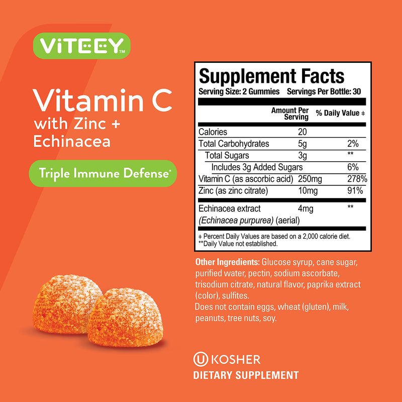Viteey Vitamin C Gummies for Adults & Teens with Zinc & Echinacea-120 Count | Immune Support Gummies - Immune Booster - Vegan, Gelatin Free, Gluten Free, GMO Free-Tasty Vitamin C Chewable Orange Flavored 60 Count (Pack of 2)