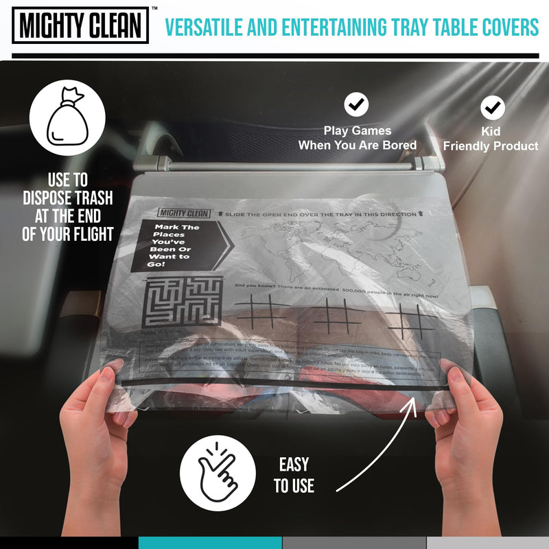 [Australia] - 15 Disposable Travel Tray Protectors by Mighty Clean │ Airplane Travel Essentials for Toddler, Kids, and Adults │ Must Have for Flying │ Provides a Clean Surface and Entertainment │ 15 Pack 