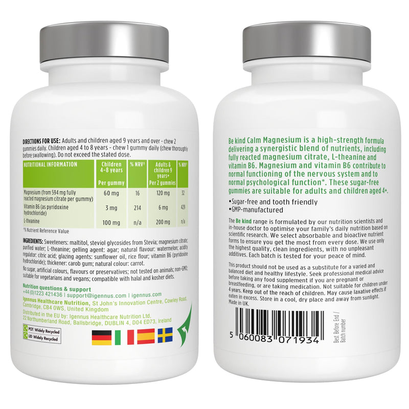 Igennus High Absorption Calm Magnesium & B6 Gummies with L-Theanine, 90 Sugar-Free Watermelon Gummies for Kids & Adults No Artificial Colours, Natural Flavouring, Vegan, 45-90 Servings