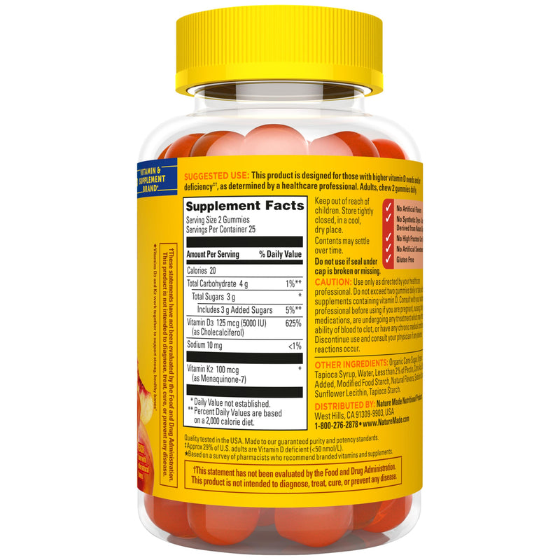 Nature Made Vitamin D3 K2 Gummies, 50 Gummy Vitamins | Vitamin D 5000 IU per Serving for Immune, Bone, Teeth and Muscle Health Support, Peach Flavor, 25 Day Supply 50 Count (Pack of 1)