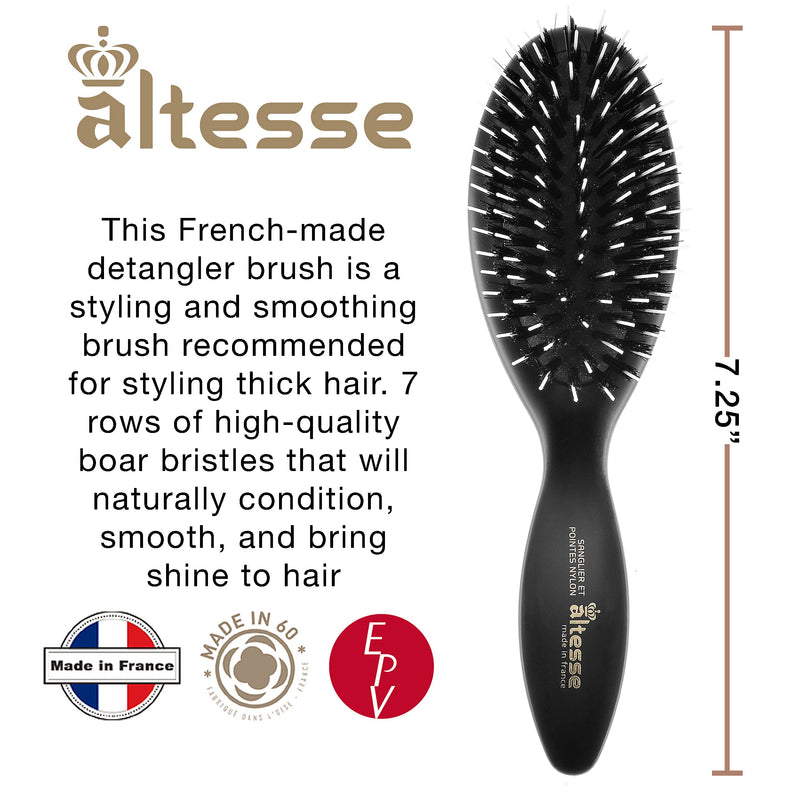 Altesse 8907 Natural Bristle Hair Brush Detangler Brush Medium Air Cushion Matte Black Handle with 7 Rows of Black Boar Bristle and Nylon Hairbrush for Thick Hair Styling and Detangling Made in France Black Bristle/Nylon