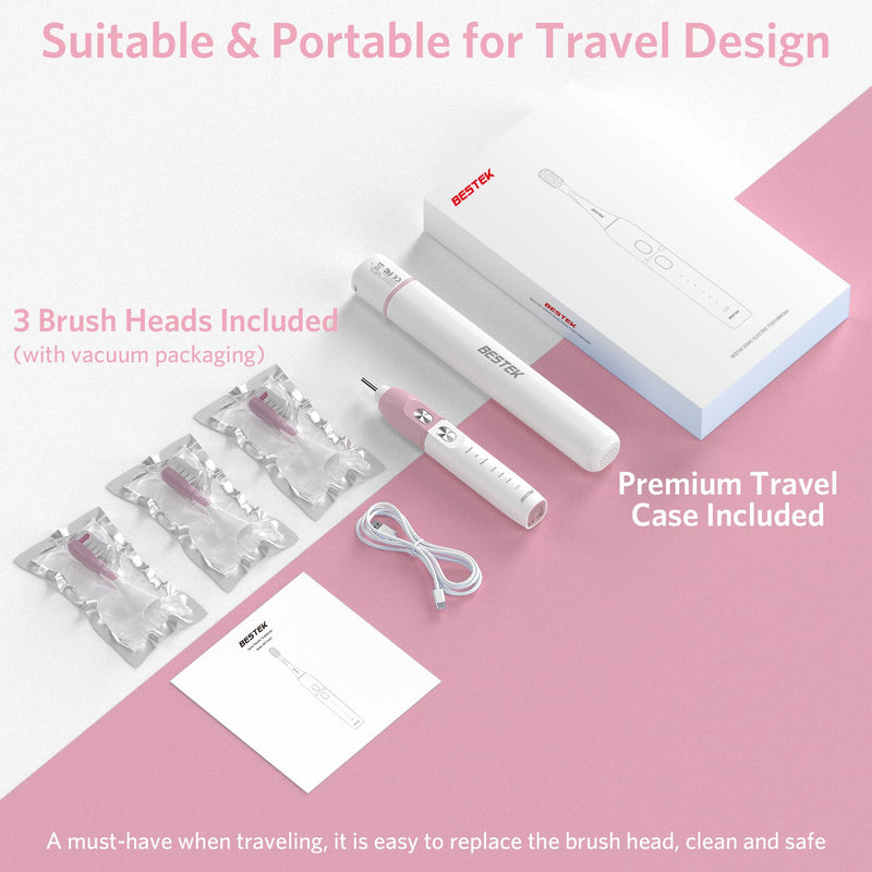 [Australia] - BESTEK Sonic Electric Toothbrush with IPX67 Waterproof, Powerful Cleaning Rechargeable Toothbrush with Multiple Modes & Smart Timer, 2 Replacement Brush Head & 1 Travel Case - Pink 