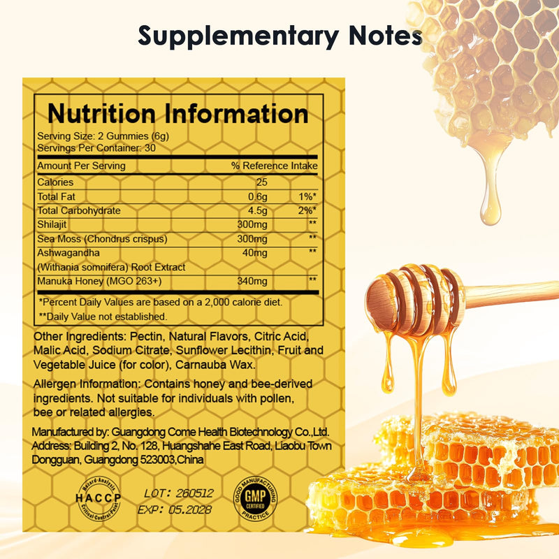 Men’s Manuka Honey Gummies, with Shilajit, Ashwagandha, Sea Moss, Improves Endurance, Lowers Cortisol, Reduces Fatigue, Vegan, Non-GMO (60 Gummies)