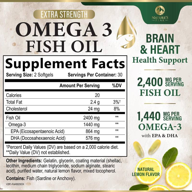 Omega 3 Fish Oil Pills 2400mg - Triple Strength Omega 3 Fish Oil Supplements - Best EPA & DHA Fatty Acids for Brain & Heart Health Support, Nature's Omega3 Supplement, 30 Day Supply - 60 Softgels 60 Count (Pack of 1)