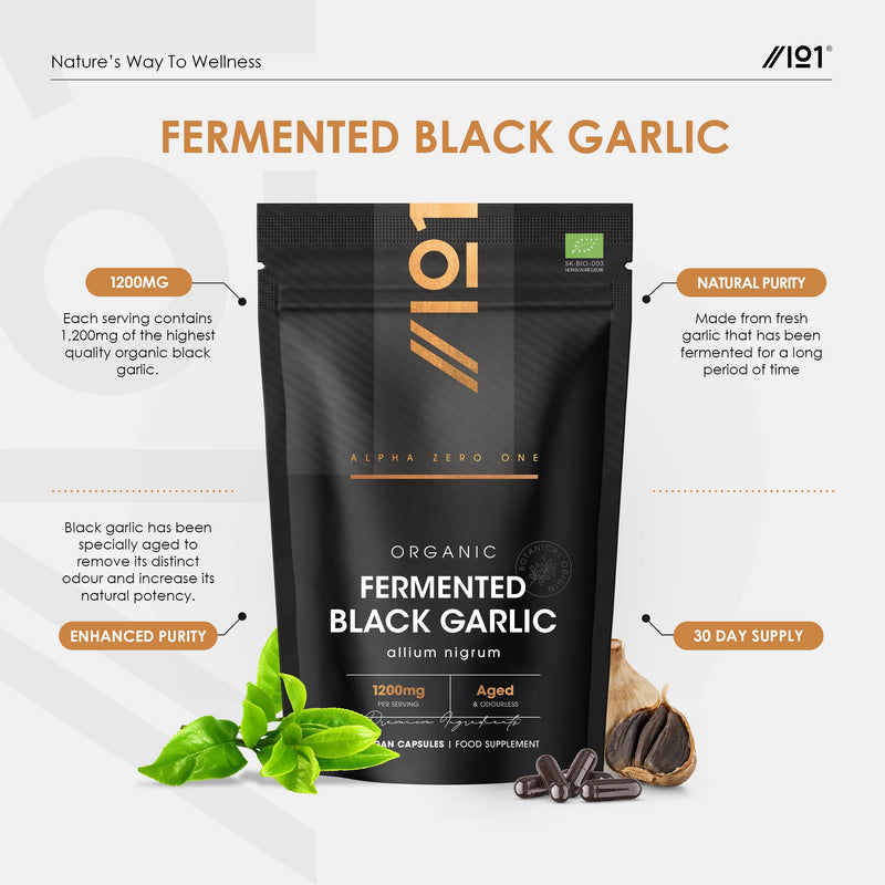 Organic Fermented Black Garlic 1200mg - 60 Vegan Capsules - Supports Heart Health - Resealable and Recyclable Pouch by Alpha01