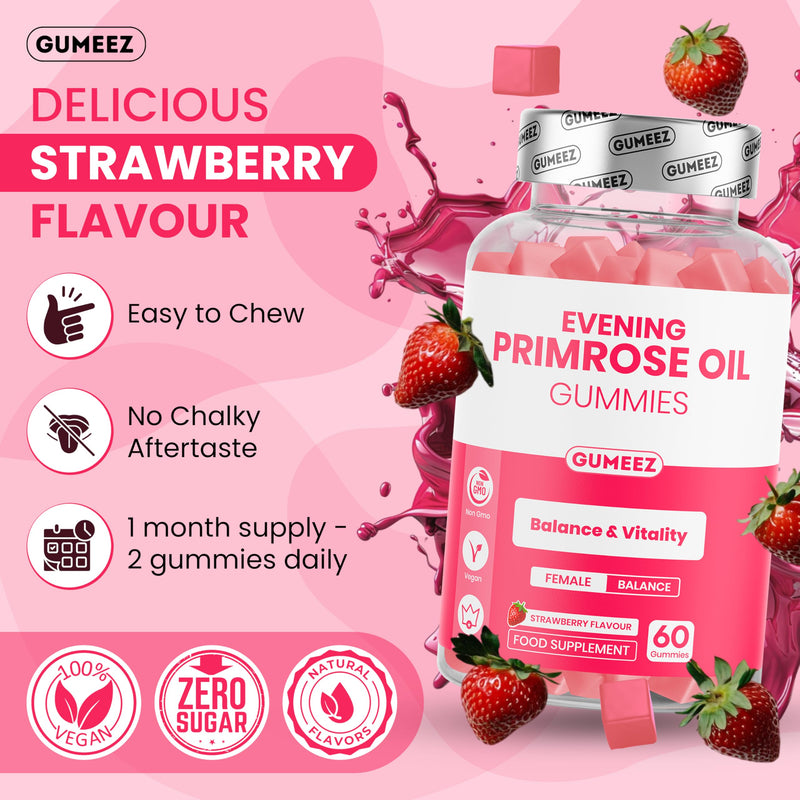 Evening Primrose Oil Gummies 1000mg – High Strength Supplement for Hormonal Balance, PMS & Menopause Support - Rich in Omega 6 Fatty Acids for Hair, Skin & Nails - Strawberry Flavour - 30 Day Supply