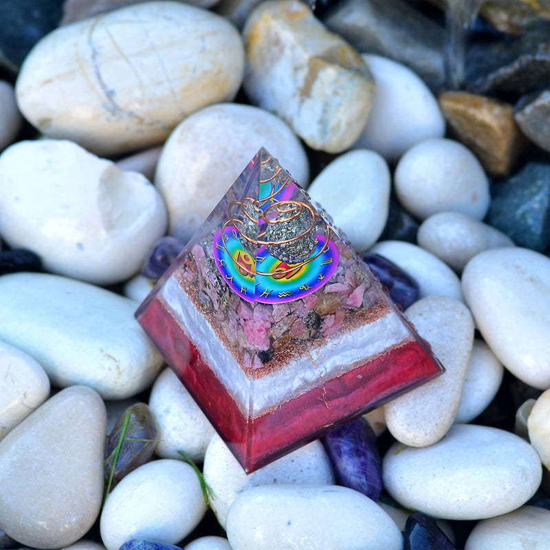 Cancer Zodiac Crystal Pyramid & Palm Stone Set, Natural Pyrite & African Rhodonite Gemstones for Reiki, Yoga, Meditation, Spiritual Practices, Mindfulness, Chakra Decor, Astrology Gift for Men & Women Cancer