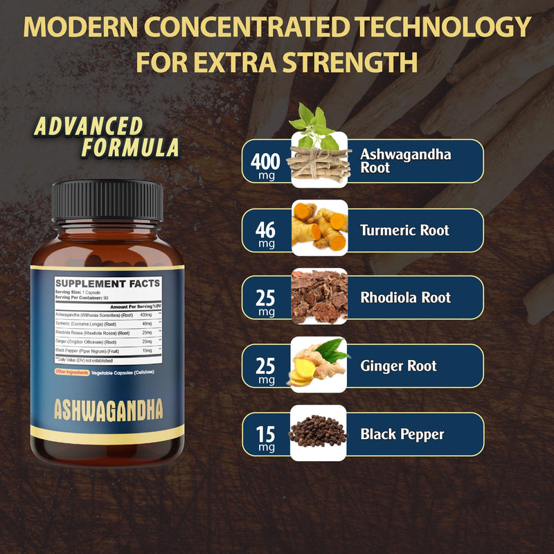 [Australia] - Ashwagandha Extract Capsule - Great Strength - 5in1 Blended Ginger, Turmeric, Rhodiola Rosea & Black Pepper - 90 Capsules for 3 Months - Strength, Spirit & Immune Support 