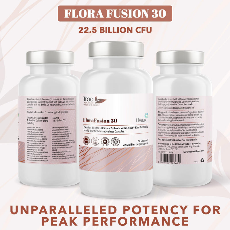 Troo Health Care FabFlora Advanced Probiotic and Livaux Prebiotic Active Cultures Supplement - 60 Capsules - 30 probiotics Strains (22.5 Billion CFU) 22.5 Billion CFU