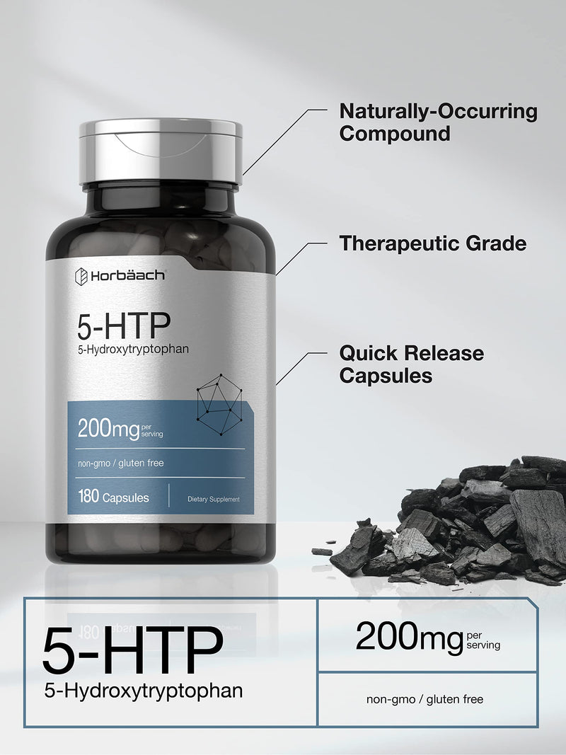 [Australia] - Horbäach 5HTP 200mg Capsules | 180 Count | Griffonia Simplicifolia | 5HTP Extra Strength Supplement | Non-GMO, Gluten Free | 5 Hydroxytryptophan 180 Count (Pack of 1) 