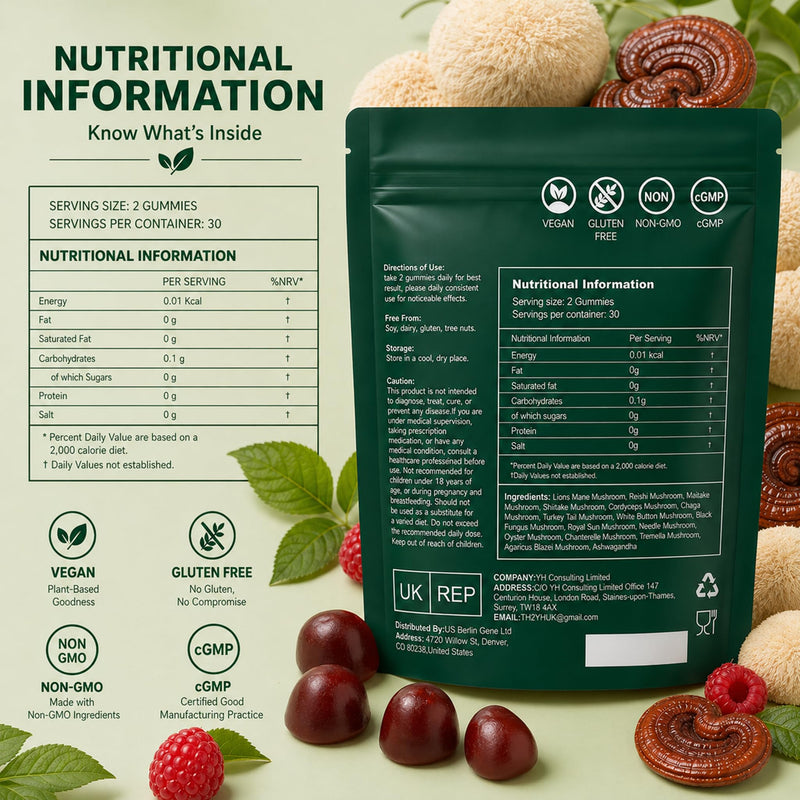 15-in-1 Mushroom Gummies with Lion’s Mane: Enhance Focus & Energy Mushroom Supplement, for Women and Men, Reish, Raspberry Flavor, 60 Gummies