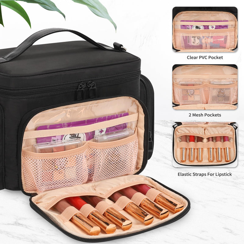 Bagmoly Makeup Bag, Portable Large Travel Makeup Bag Organizer for Women Girls with Makeup Brush Compartment, Cosmetic Travel Bag Vertical Storage Toiletry Bag - Black with Shoulder Strap 03-Black with Shoulder Strap