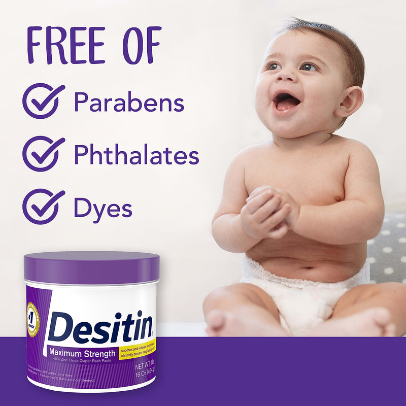 [Australia] - Desitin Maximum Strength Baby Diaper Rash Cream with 40% Zinc Oxide for Treatment, Relief & Prevention, Hypoallergenic, Phthalate- & Paraben-Free Paste, 16 oz 1 Pound (Pack of 1) 