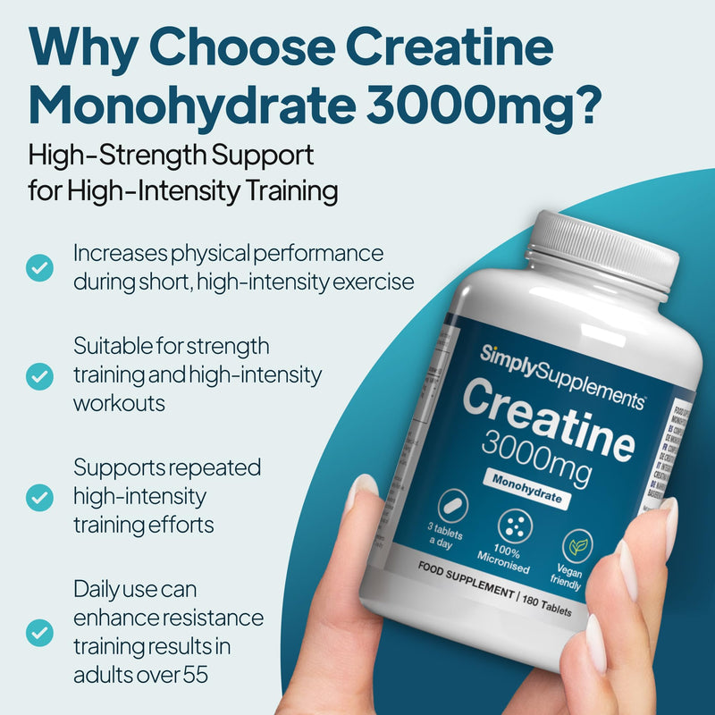 Creatine Monohydrate 3000mg | Support Strength, Muscle Power & Performance | 100% Micronised & Fast Absorbing | Vegan & Vegetarian Friendly | 180 Tablets = 2 Months’ Supply | Made in the UK