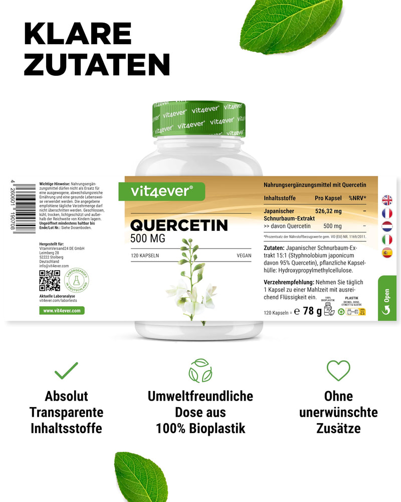 [Australia] - Quercetin - 500 mg - 120 capsules - 4 month supply - Premium: Natural 15:1 string tree flower extract with 95% quercetin content - High dosage - Vegan 